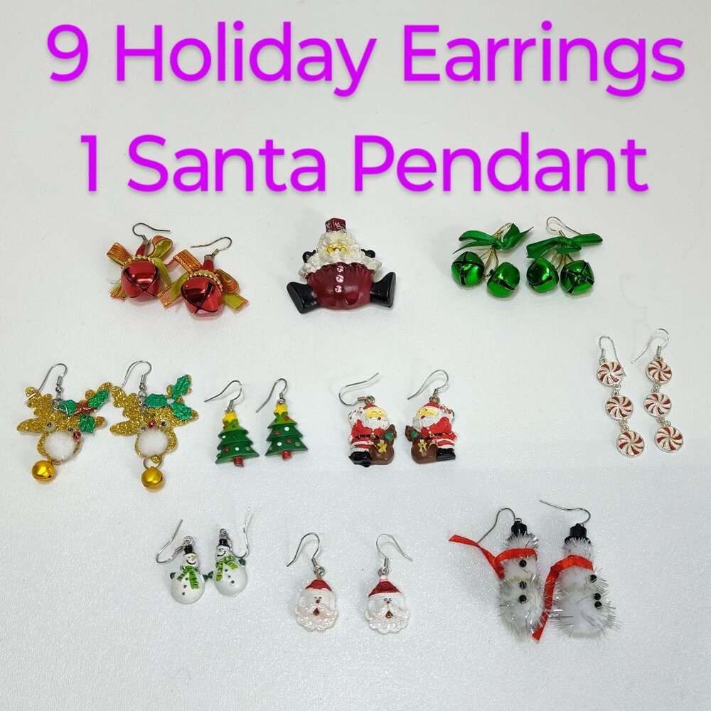 Holiday Earrings & A Santa Claus Pendant Set Red & Green Vintage Jingle Bells